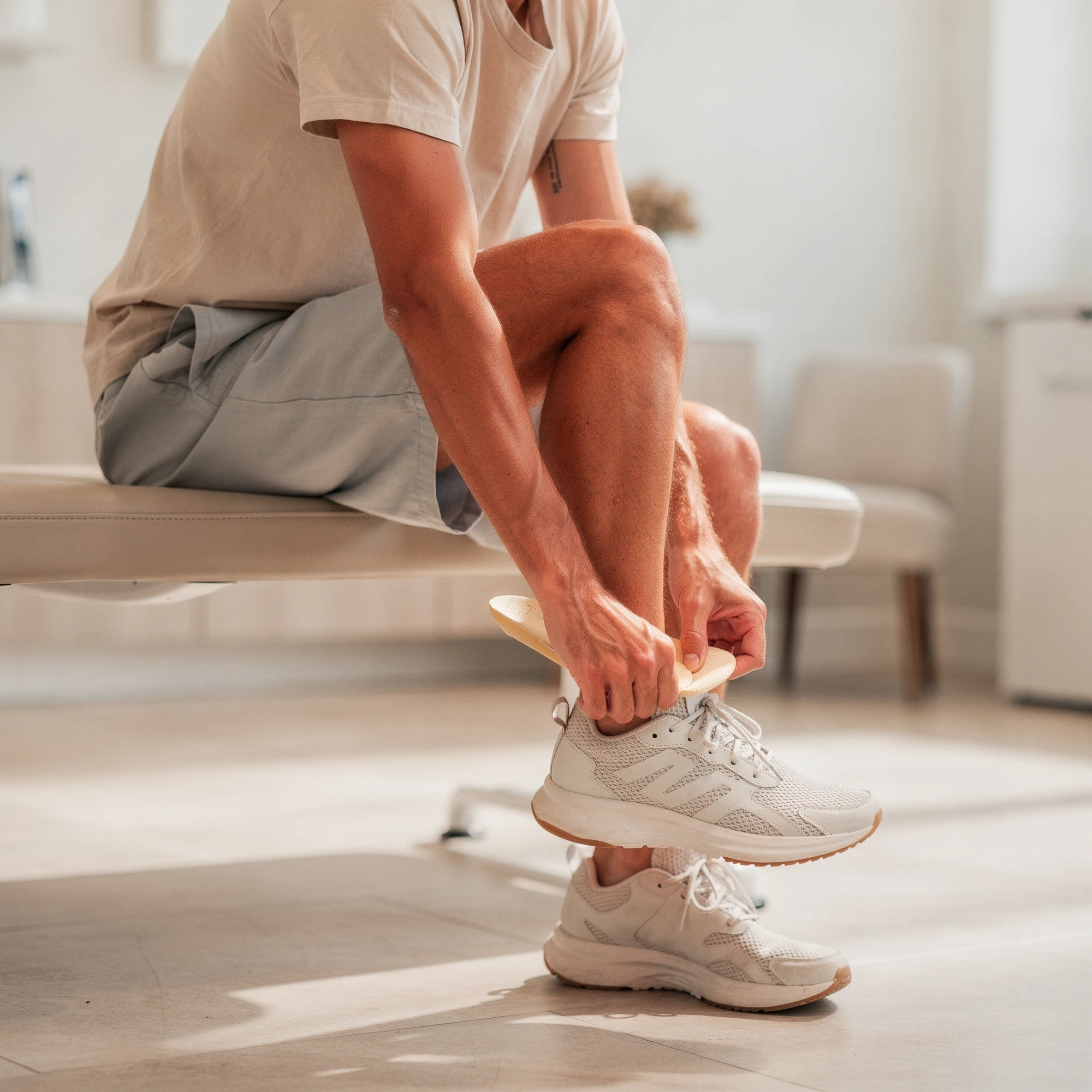 Person sitting on a couch adjusting a white athletic shoe on their foot